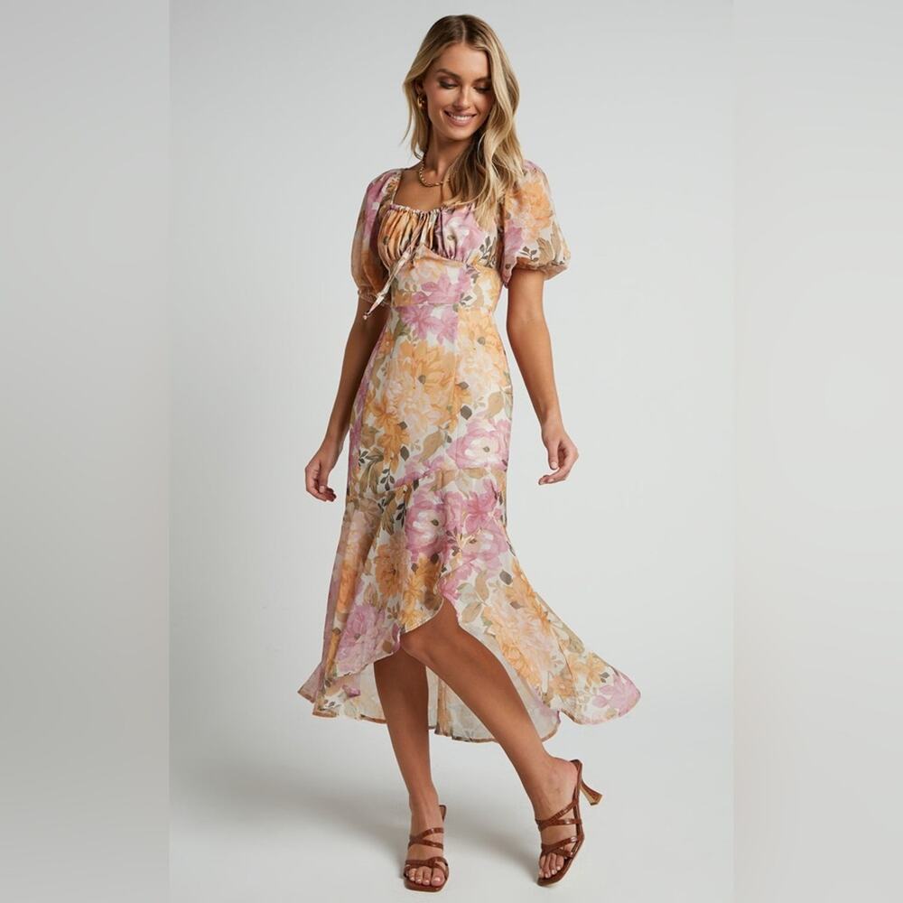 NWT Showpo Jasalina Floral Milkmaid Midi Dress Puff Sleeve In Elegant Rose Sz 2